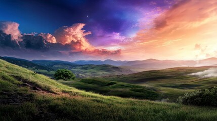 Fototapeta premium Breathtaking Sunset Landscape Rolling Hills Vibrant Sky Dramatic Clouds