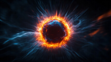 A conceptual science art piece showing a bright sphere emitting energetic particles, visualizing