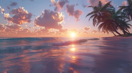 Amazing sunset over the ocean. Pink clouds and blue sky. Palm trees on the beach.