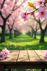 Empty wooden table surrounded by blooming Sakura flowers in a serene park setting with lush garden bokeh background, perfect for showcasing products,  template,  garden
