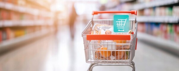 Smart supermarket shopping cart displaying AI-powered price recommendations and discounts