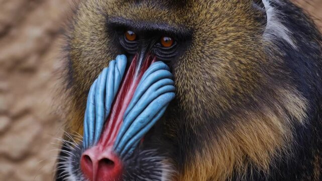 Mandrill contemplation: vibrant portrait sequence of a captivated primate in its habitat. 4k stock footage