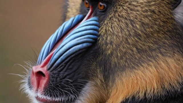Majestic mandrill gazing: closeup sequence of vibrant primate in natural habitat. 4k stock footage
