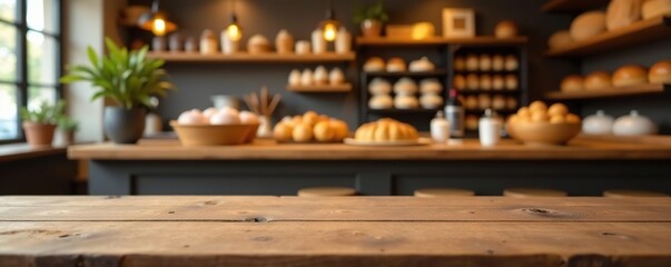 Empty wooden table top with a view of a cozy bakery interior filled with freshly baked pastries,  shop,  ambiance