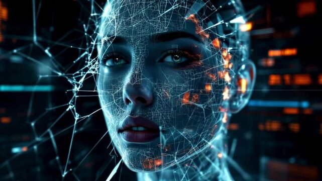 A holographic face appearing distorted through cracked digital glass