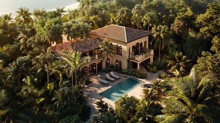 Villa on Marco Island with direct beach access, Gulf of Mexico shimmering in the distance, lush tropical garden surrounding the home, late afternoon light 