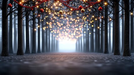Fototapeta premium Magical Christmas Forest Path Twinkling Lights Festive Decorations Winter Wonderland