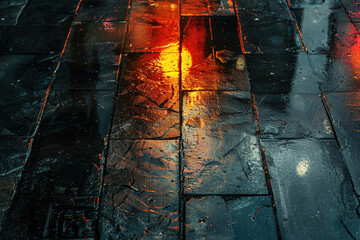 Bokeh effect of blurred city lights reflecting off wet pavement on a rainy evening