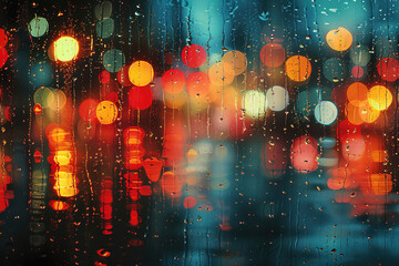 Bokeh effect of blurred city lights reflecting off wet pavement on a rainy evening