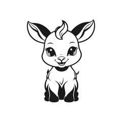 A sleek black and white vector illustration of a baby goat’s face with round, innocent eyes and a friendly look on a white background