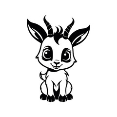 A black and white vector silhouette of a baby goat’s cartoon face with fluffy cheeks and a happy expression on a white background