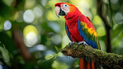 Obraz premium Scarlet Macaw Perched on Mossy Branch