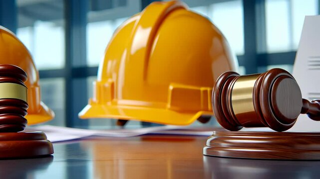 Wooden judge gavel striking a sound block with a yellow hard hat behind, symbolizing construction helmet law and worker rights video 4k