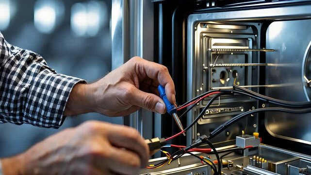 Technician Repairing Electrical Wiring Inside Modern Industrial Oven with Hand Tools and Exposed Components

