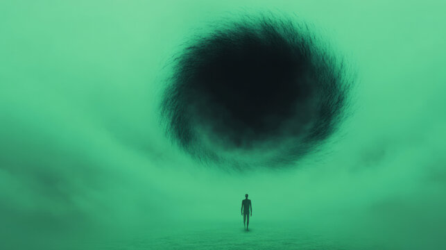 A human figure made of glass walking through a fogged plain, while behind them a dark vortex of