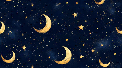 Fototapeta premium Night sky pattern featuring golden crescent moons and stars on a deep blue background, ideal for dreamy designs