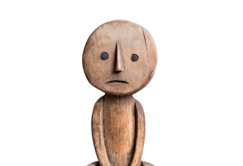 A small wooden figure with a sad expression stands alone isolated on transparent background