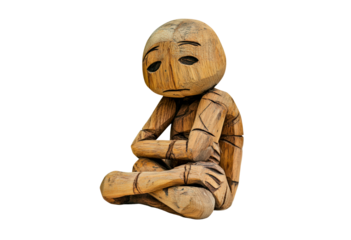 Handcrafted wooden figure expressing sadness isolated on transparent background