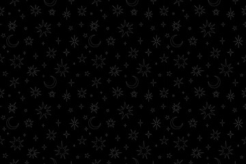 Pattern of white outlines of stars and moons on a black background