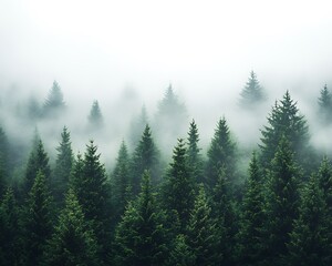 Fototapeta premium Dense green trees shrouded in atmospheric white misty fog