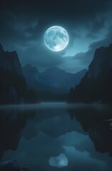 Haunting Night Scene with Full Moon and Mountain Shadows Over Still Water Wallpaper Art

