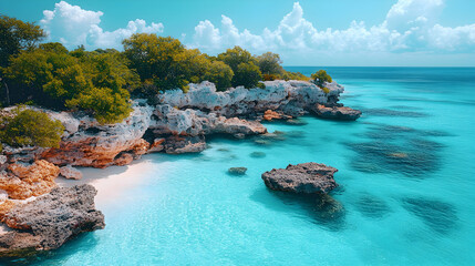 Fototapeta premium Aerial view captures the serene coast rock formations lush vegetation and turquoise waters under a cloud-dotted sky