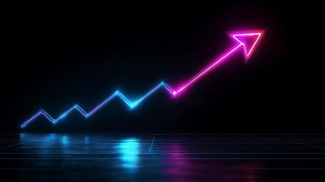 Dynamic animation background, glowing upward trend graph in red and blue neon lights, financial growth