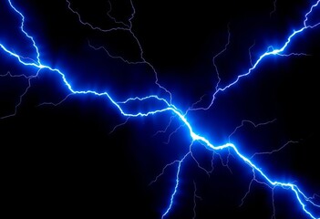 A vibrant, electric blue lightning bolt explodes across a deep black void, radiating intense energy, VFX, high voltage