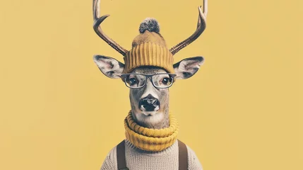 Fototapete Rund A deer wearing a yellow beanie and glasses is looking at the camera. The deer is wearing a white sweater and a brown scarf. © Galib