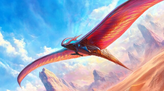 Vibrant flying creature soaring above rocky landscape, fantastical scenery with vivid colors, perfect for imaginative storytelling.