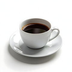 Obraz premium Minimalist White Coffee Cup with Black Coffee on Saucer – Classic Morning Drink, Caffeine Boost and Elegant Beverage on white background.