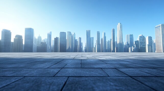 A vast, empty urban floor, its textured surface leading to a vibrant city skyline filled with modern architecture, the clear blue sky enhancing the scene clarity, ideal for a car backplate 