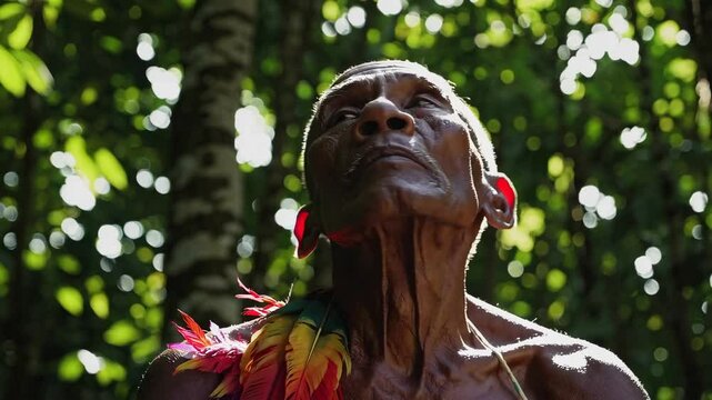 Elderly man in vibrant feather attire gazing upward in sunlit forest canopy. 4k stock footage