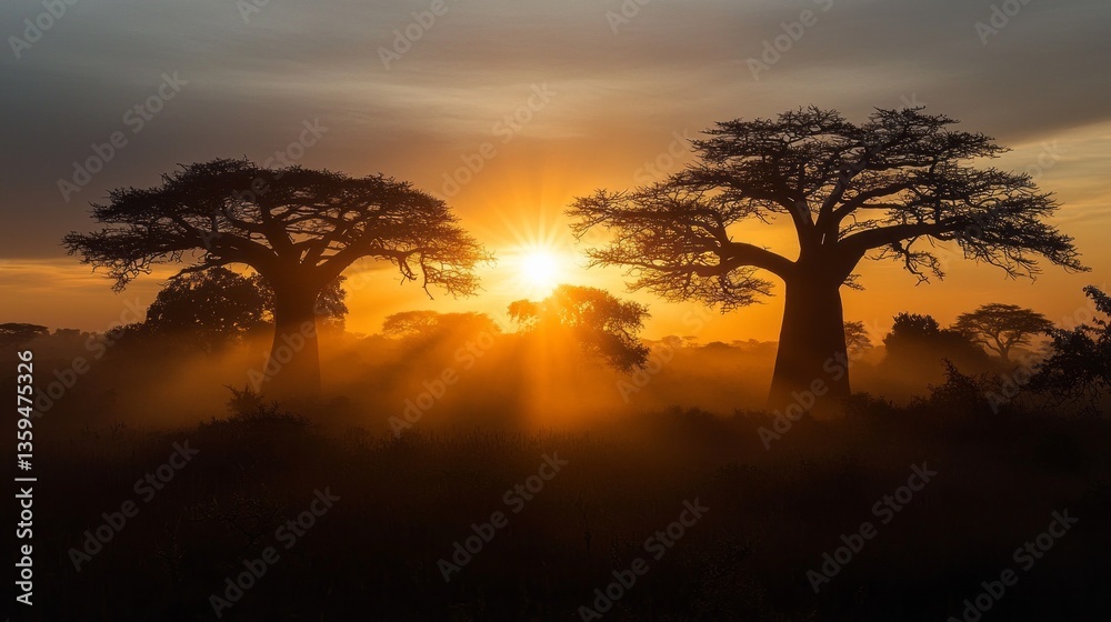 Poster golden rays break through the branches of ancient baobab trees, casting enchanting shadows across th