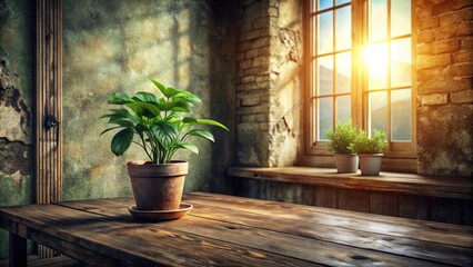 Fototapeta premium Rustic wooden table with potted plant, bathed in warm sunlight streaming through a window, creating a tranquil indoor scene