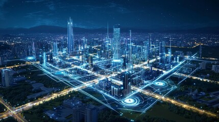 Advanced cityscape featuring autonomous transport hubs, glowing pathways connecting skyscrapers 