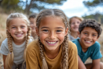 Fototapeta premium Three young girls smiling and sitting in a field.