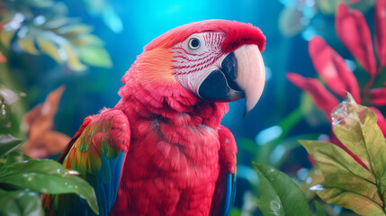 Obraz premium A surreal portrait of a macaw parrot surrounded by floating leaves and fading fragments of its