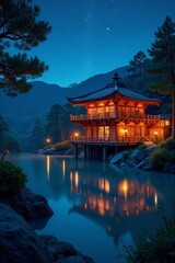 Fototapeta premium Beautiful onsen bathhouse surrounded by lanterns under starry sky, Japanese, hot water, relaxation