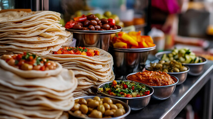 Fototapeta premium An overhead shot of a rustic kitchen, with large sheets of lavash bread stacked neatly