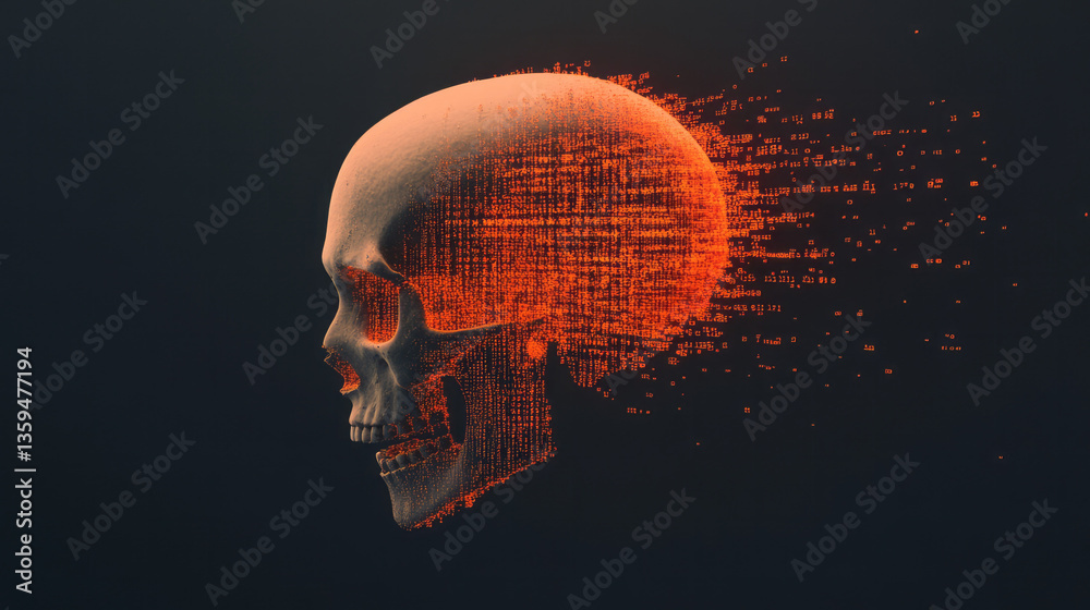 Poster a glowing stream of broken code rising from the ruins of a mechanical skull the last thought of a