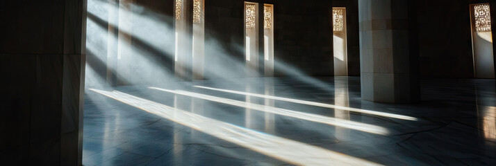 Sunlit Interior with Columns and Lattice Windows
