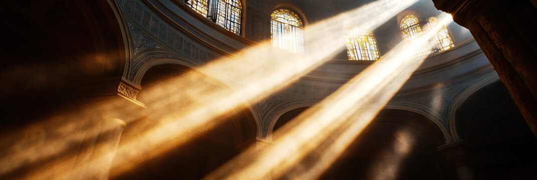Interior of Domed Structure with Sunbeams and Stained Glass