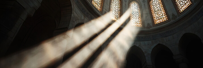Sunlight Illuminating Interior of Stone Structure with Arched Windows