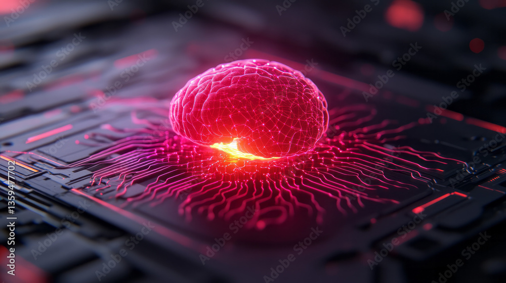 Poster A glowing AI core igniting in total darkness, surrounded by swirling quantum code forming neural