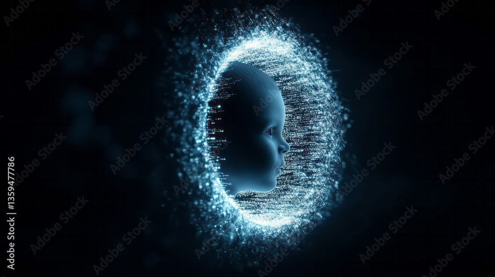Aufkleber An embryo made of light and binary, floating in digital amniotic fluid, beginning to pulse with