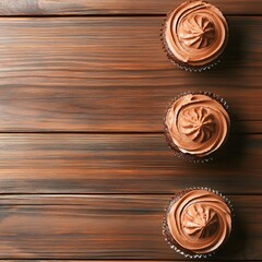 Fototapeta premium Three Chocolate Cupcakes on Wooden Background Delicious Dessert