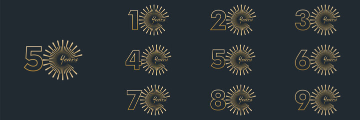 collection anniversary 10 to 90 year logo designs. abstract number, vector illustration. gold logo and black background