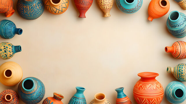 un fondo liso con espacio de copia con un marco de jarrones o cantaros coloridos hechos de barro o ceramica productos artesanales rusticos