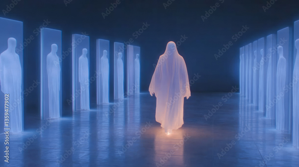 Poster a glowing ai figure walking through a corridor of mirrors, each reflecting its own growing